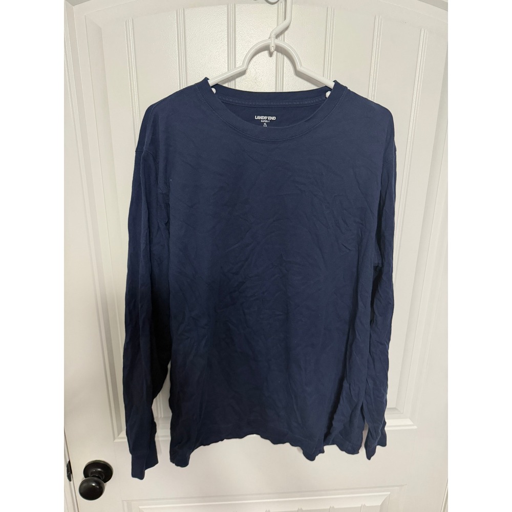 Lands' End T-Shirt Mens XL Super-T Long Sleeve Navy Blue Cotton Solid EUC